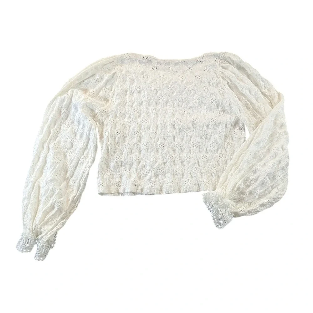 Zara White Eyelet Lace Crochet Boho Balloon‎ Sleeve Blouse Large